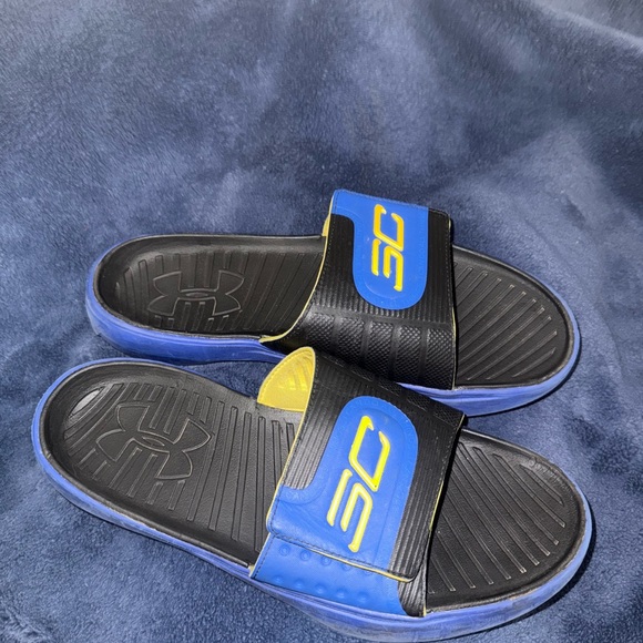 Stephen Curry Under Armour Black and Blue Slide Sandals - Picture 1 of 4